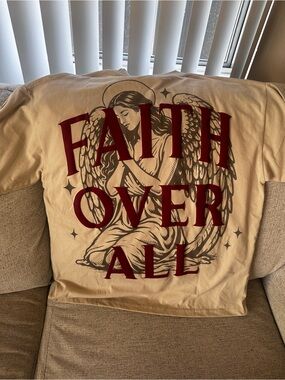 JaqWin Faith Over All Graphic Tee - Beige with Burgundy Print